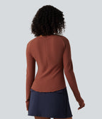 Round Neck Long Sleeve Lettuce Trim Curved Hem Waffle Casual Top — Red Ochre — view 2