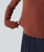 Round Neck Long Sleeve Lettuce Trim Curved Hem Waffle Casual Top — Red Ochre — view 6
