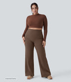 Plus Size High Waisted Tummy Control Wide Leg Baggy Yoga Trousers with Pockets — Sepia — view 5