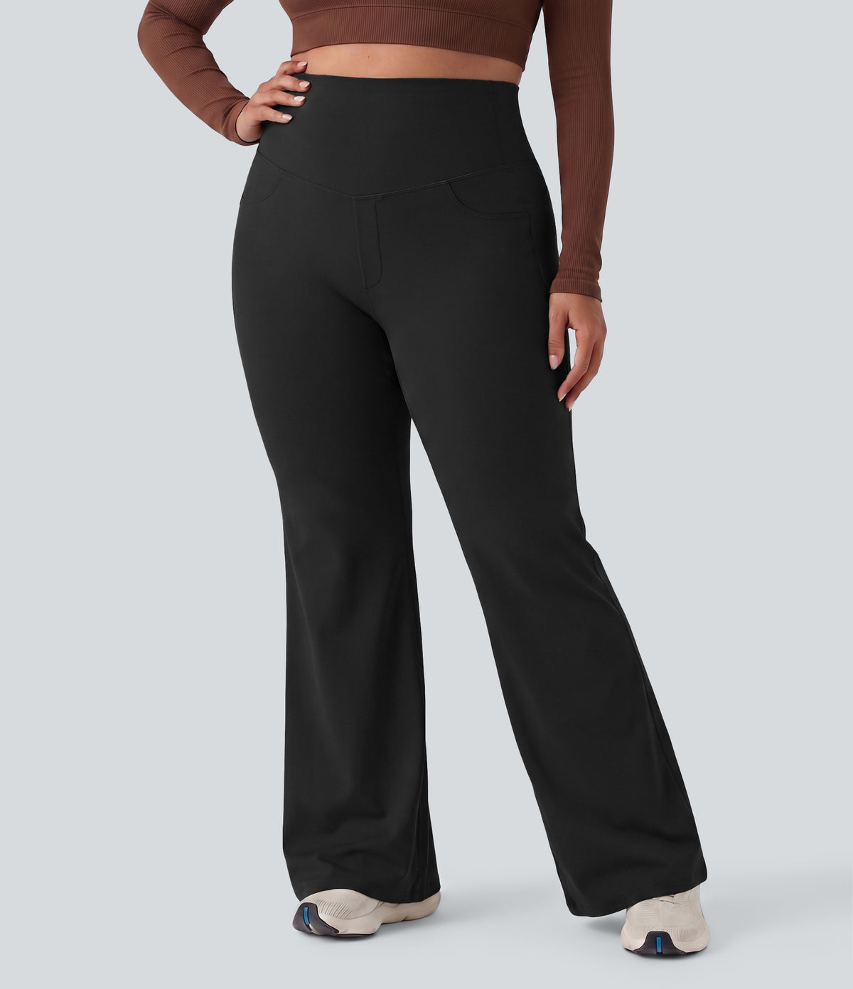 Plus Size High Waisted Tummy Control Wide Leg Baggy Yoga Trousers with Pockets — Black — view 6