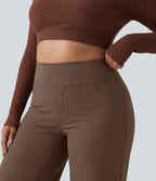 Plus Size High Waisted Tummy Control Wide Leg Baggy Yoga Trousers with Pockets — Sepia — view 4