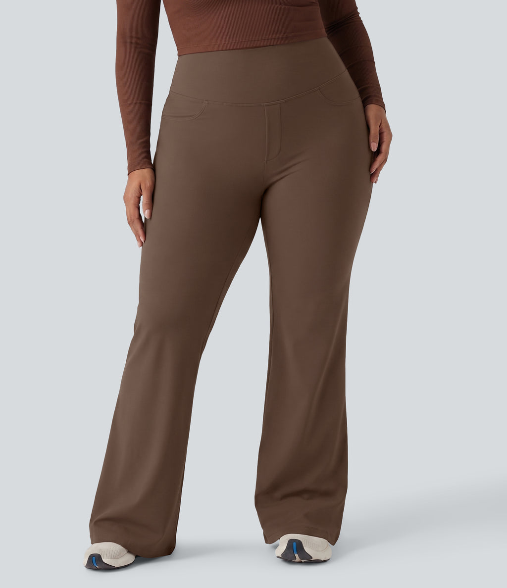 Plus Size High Waisted Tummy Control Wide Leg Baggy Yoga Trousers with Pockets — Sepia — view 3