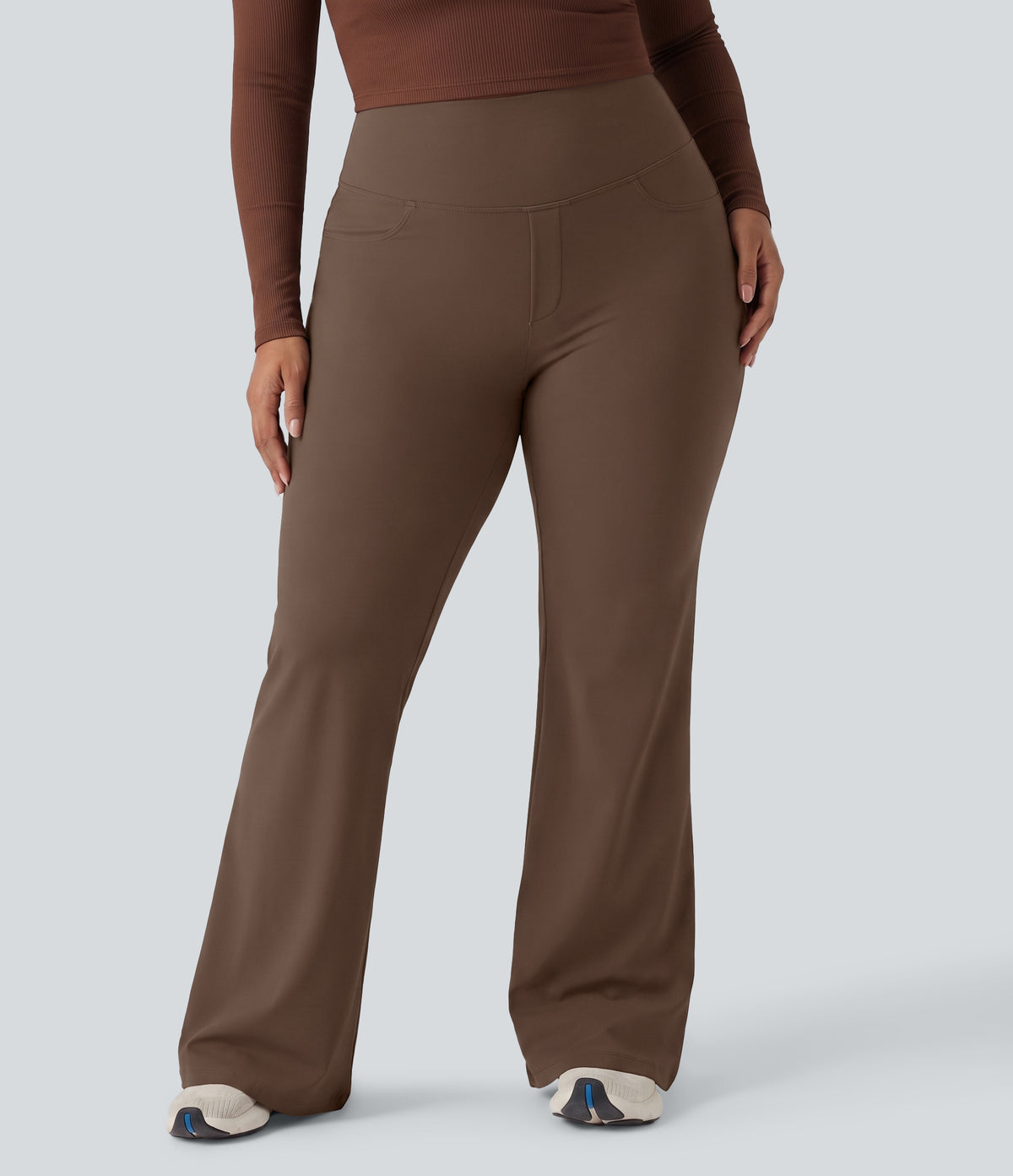 Plus Size High Waisted Tummy Control Wide Leg Baggy Yoga Trousers with Pockets — Sepia — view 3