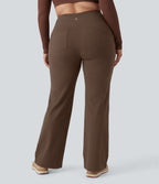 Plus Size High Waisted Tummy Control Wide Leg Baggy Yoga Trousers with Pockets — Sepia — view 2