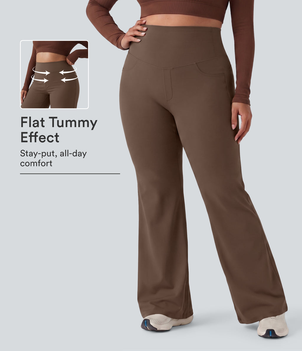 Plus Size High Waisted Tummy Control Wide Leg Baggy Yoga Trousers with Pockets — Sepia — view 1