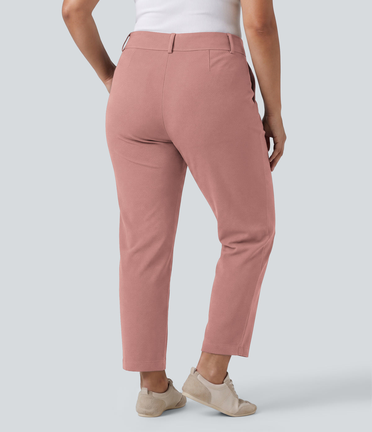 Plus Size High Waisted Tapered Waffle Work Trousers with Pockets — Rose Tan — view 2