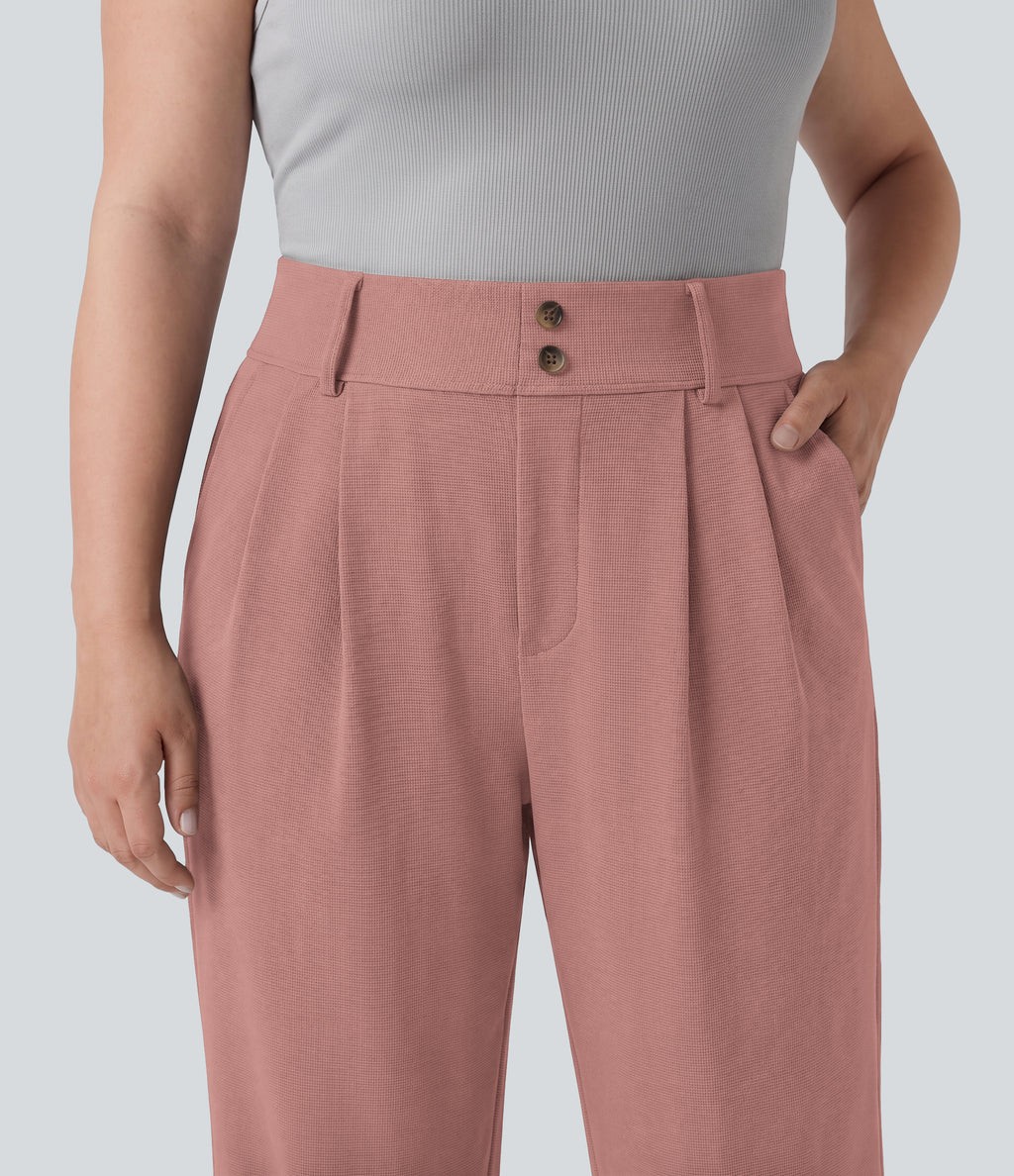 Plus Size High Waisted Tapered Waffle Work Trousers with Pockets — Rose Tan — view 4