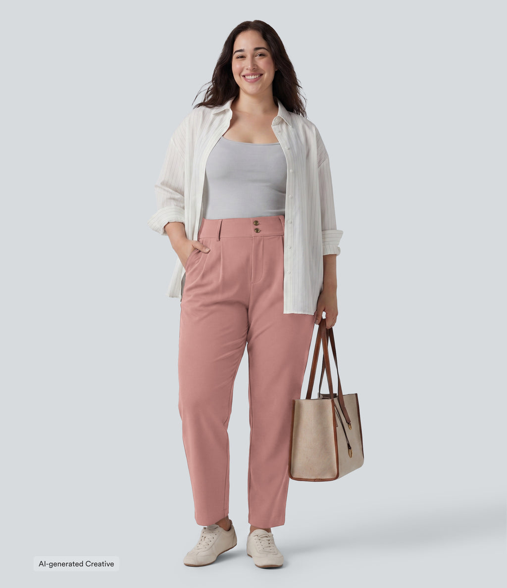 Plus Size High Waisted Tapered Waffle Work Trousers with Pockets — Rose Tan — view 5