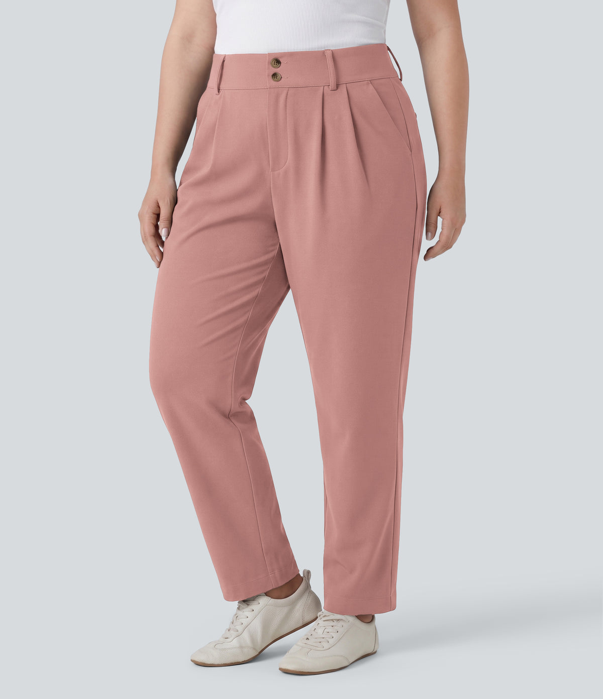Plus Size High Waisted Tapered Waffle Work Trousers with Pockets — Rose Tan — view 1