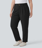 Plus Size High Waisted Tapered Waffle Work Trousers with Pockets — Black — view 6