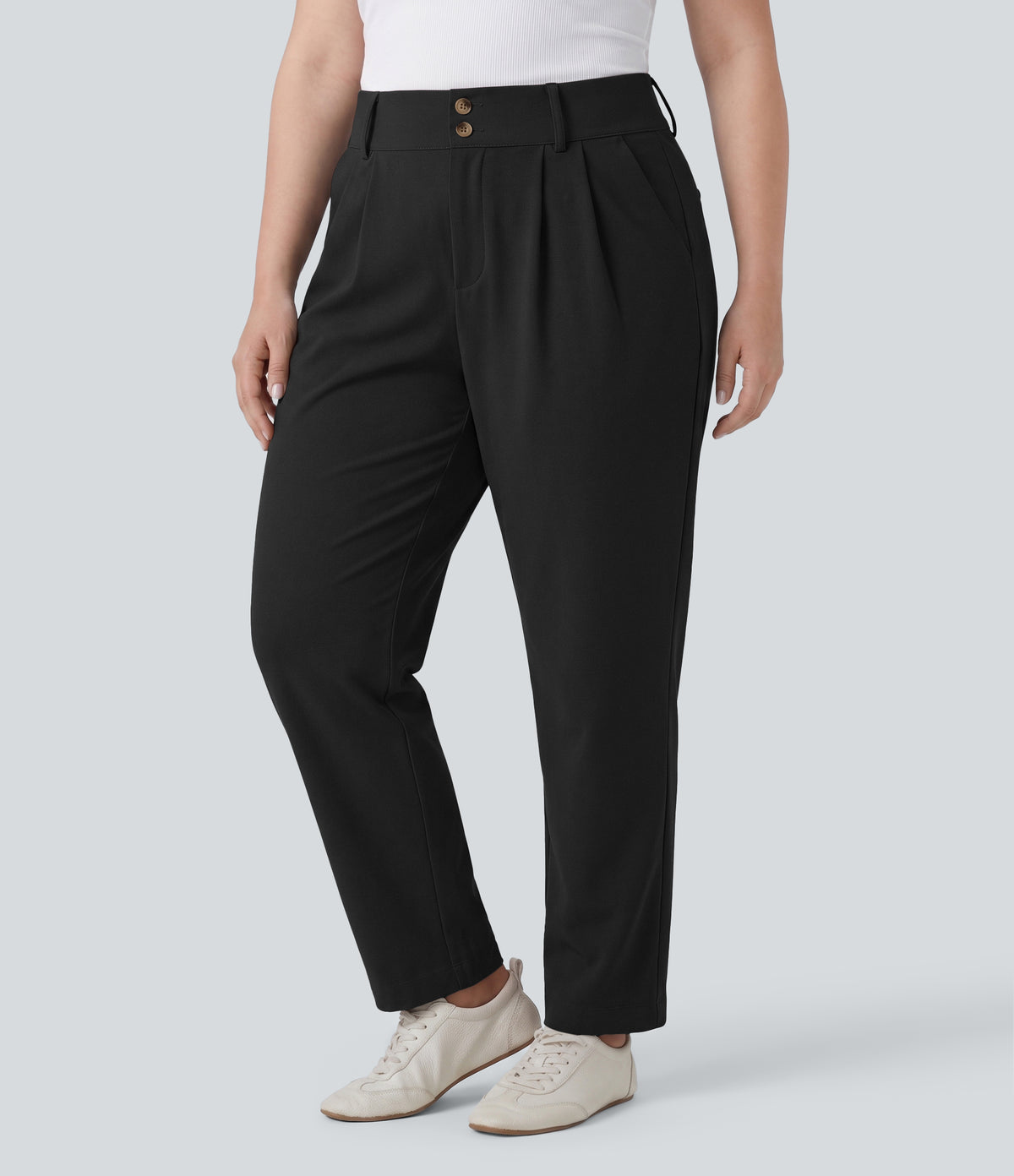 Plus Size High Waisted Tapered Waffle Work Trousers with Pockets — Black — view 6