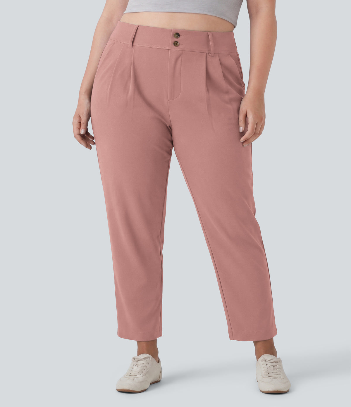 Plus Size High Waisted Tapered Waffle Work Trousers with Pockets — Rose Tan — view 3