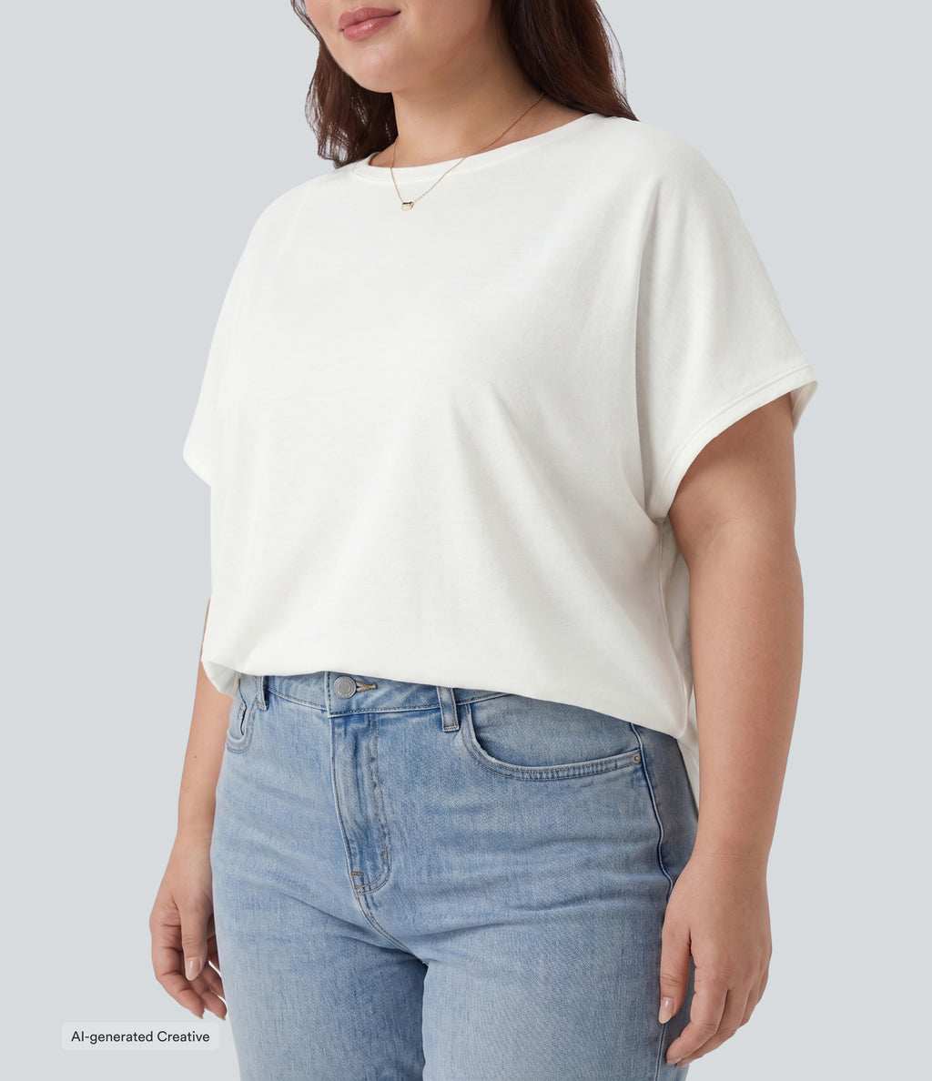 Plus Size Round Neck Batwing Sleeve Relaxed Casual T-Shirt — White — view 4
