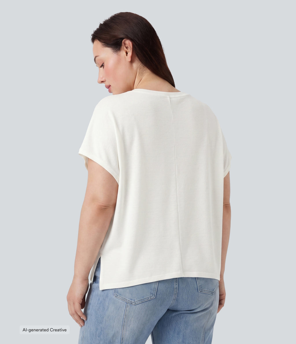 Plus Size Round Neck Batwing Sleeve Relaxed Casual T-Shirt — White — view 2