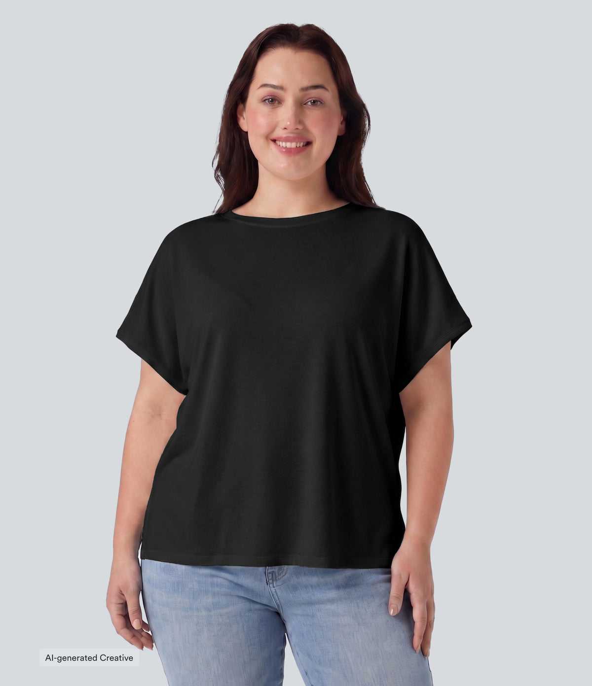 Plus Size Round Neck Batwing Sleeve Relaxed Casual T-Shirt — Black — view 6