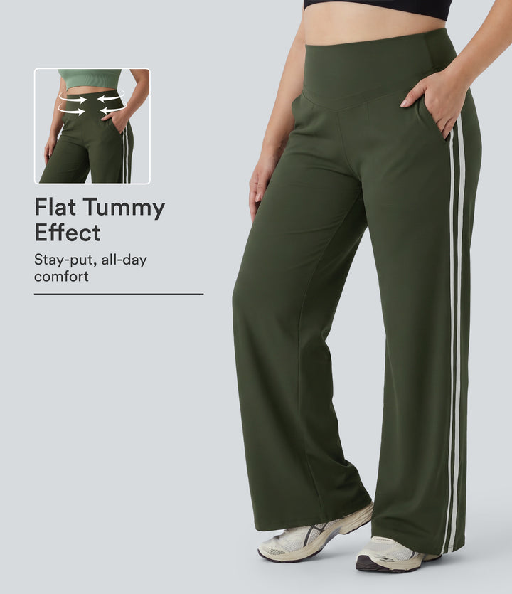 Plus Size High Waisted Tummy Control Color Block Stripes Yoga Baggy Trousers with Pockets — Deep Woodland Green — view 1