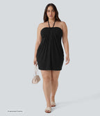 Plus Size Halter Tie Back Mini Resort Dress with Pockets — Black — additional view