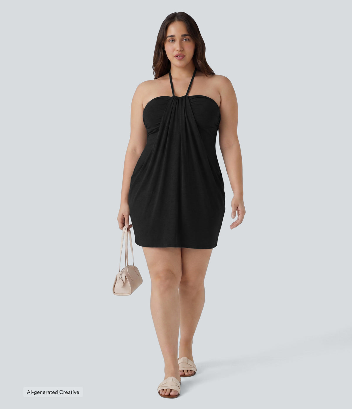 Plus Size Halter Tie Back Mini Resort Dress with Pockets — Black — additional view