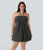 Plus Size Halter Tie Back Mini Resort Dress with Pockets — Mottled Light Grey — view 1