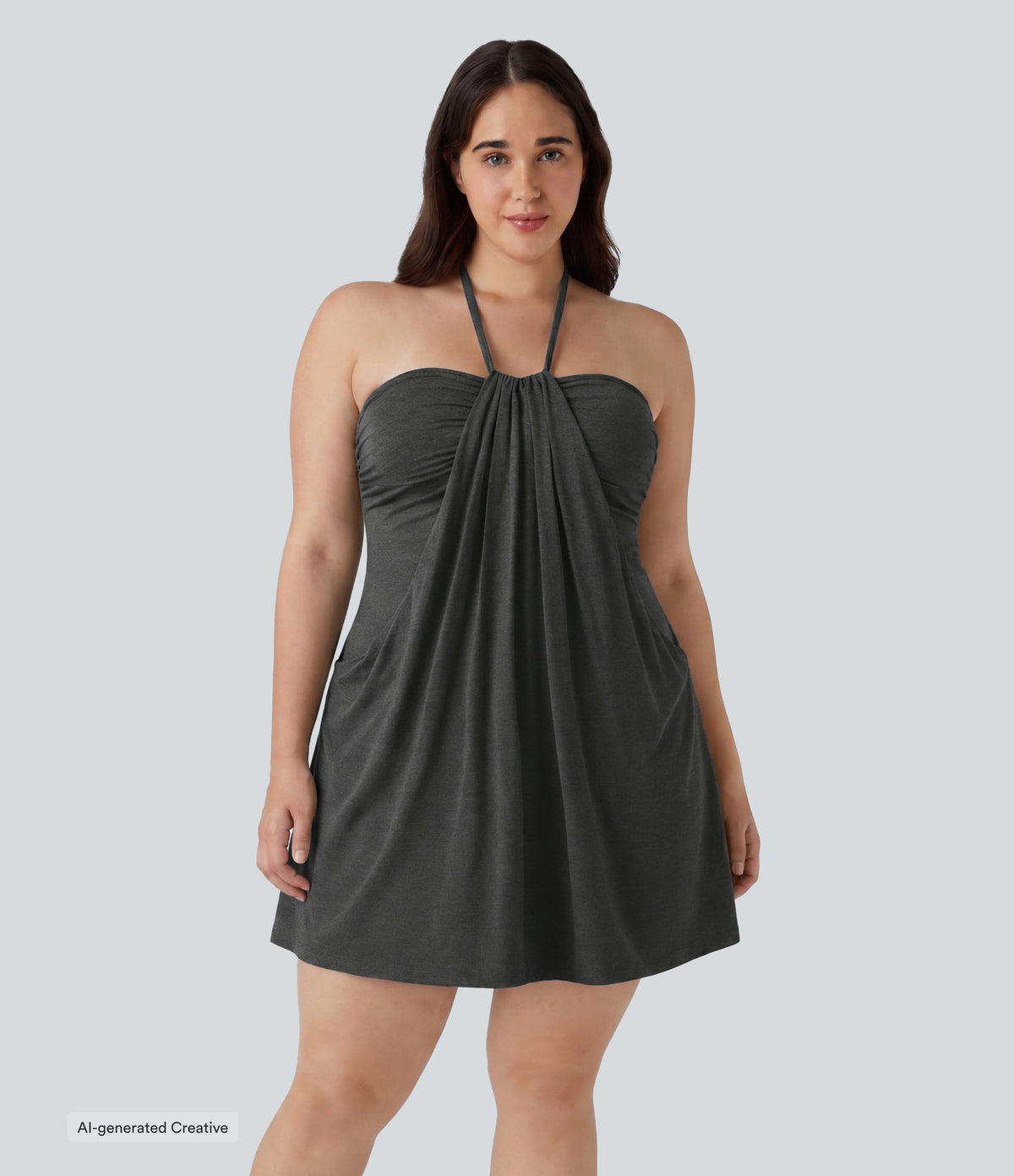 Plus Size Halter Tie Back Mini Resort Dress with Pockets — Mottled Light Grey — view 1
