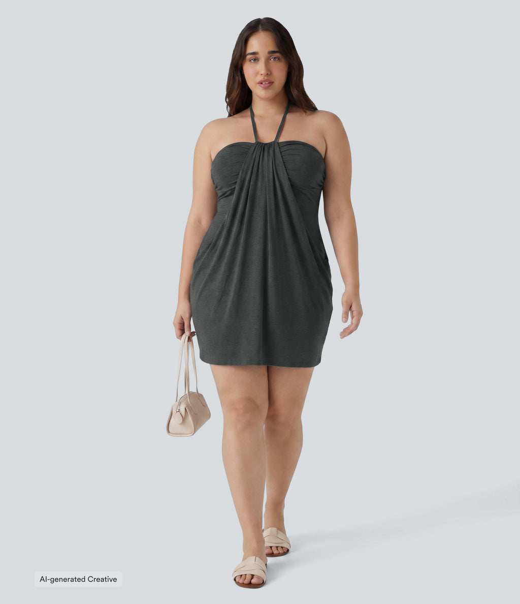 Plus Size Halter Tie Back Mini Resort Dress with Pockets — Mottled Light Grey — view 4
