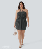 Plus Size Halter Tie Back Mini Resort Dress with Pockets — Mottled Light Grey — view 4