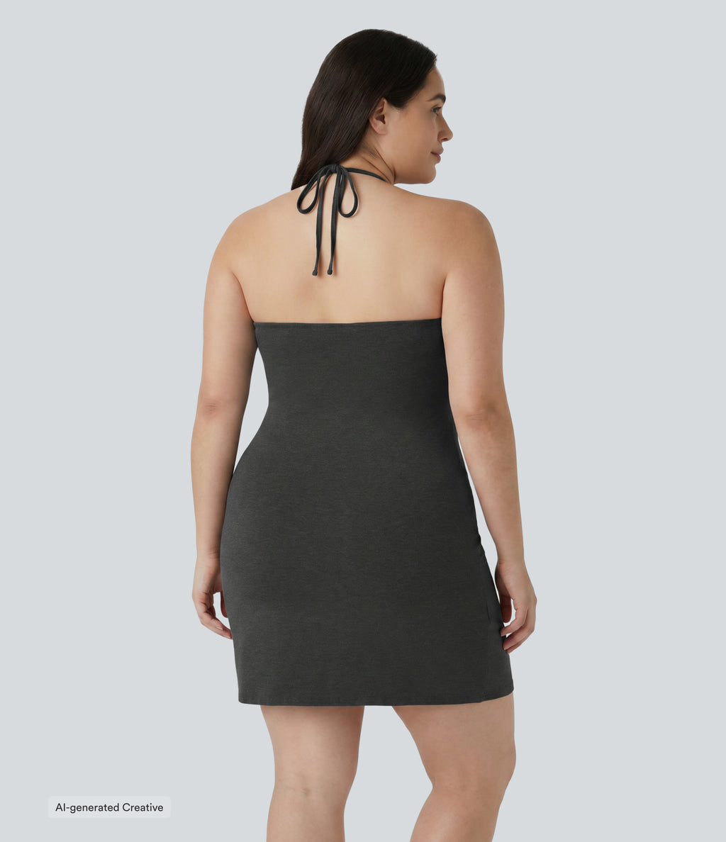 Plus Size Halter Tie Back Mini Resort Dress with Pockets — Mottled Light Grey — view 2