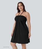 Plus Size Halter Tie Back Mini Resort Dress with Pockets — Black — additional view