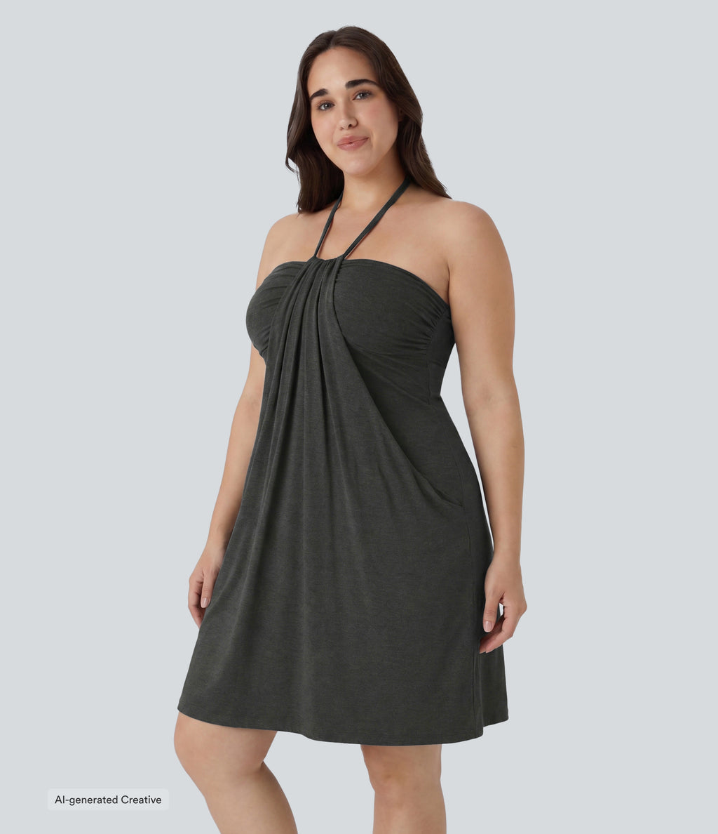 Plus Size Halter Tie Back Mini Resort Dress with Pockets — Mottled Light Grey — view 3