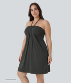 Plus Size Halter Tie Back Mini Resort Dress with Pockets — Mottled Light Grey — view 3