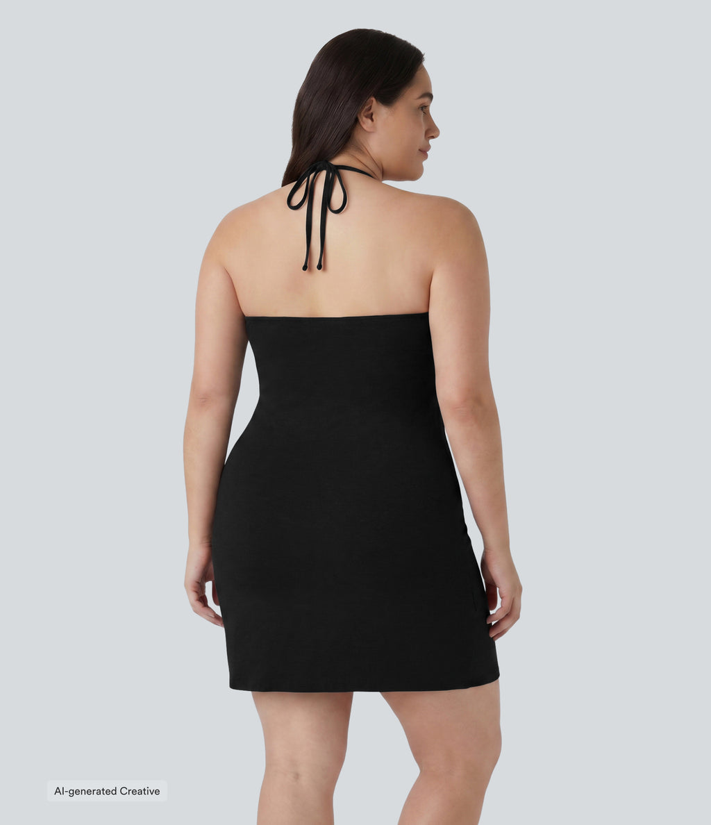 Plus Size Halter Tie Back Mini Resort Dress with Pockets — Black — additional view