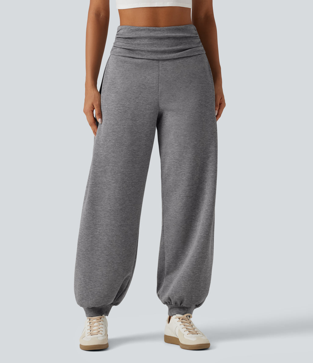 High Waisted Ruched Balloon Casual Joggers with Pockets — Mottled Grey — view 3