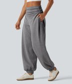 High Waisted Ruched Balloon Casual Joggers with Pockets — Mottled Grey — view 1