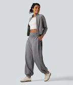 High Waisted Ruched Balloon Casual Joggers with Pockets — Mottled Grey — view 8
