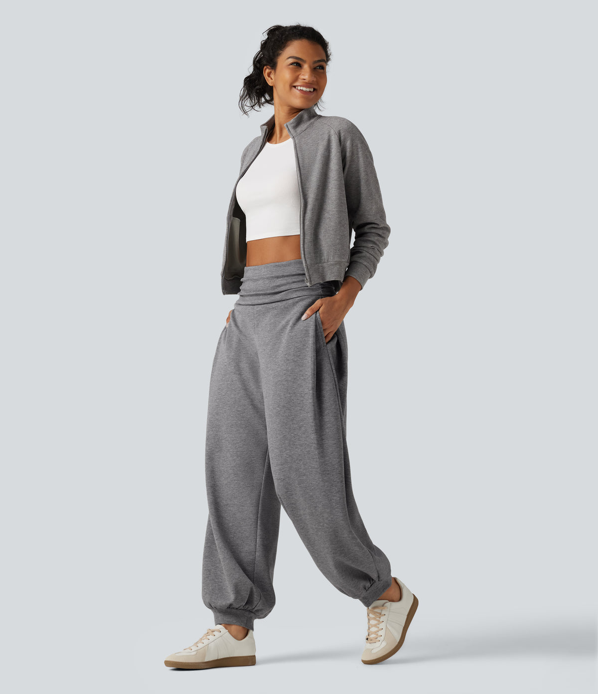High Waisted Ruched Balloon Casual Joggers with Pockets — Mottled Grey — view 8