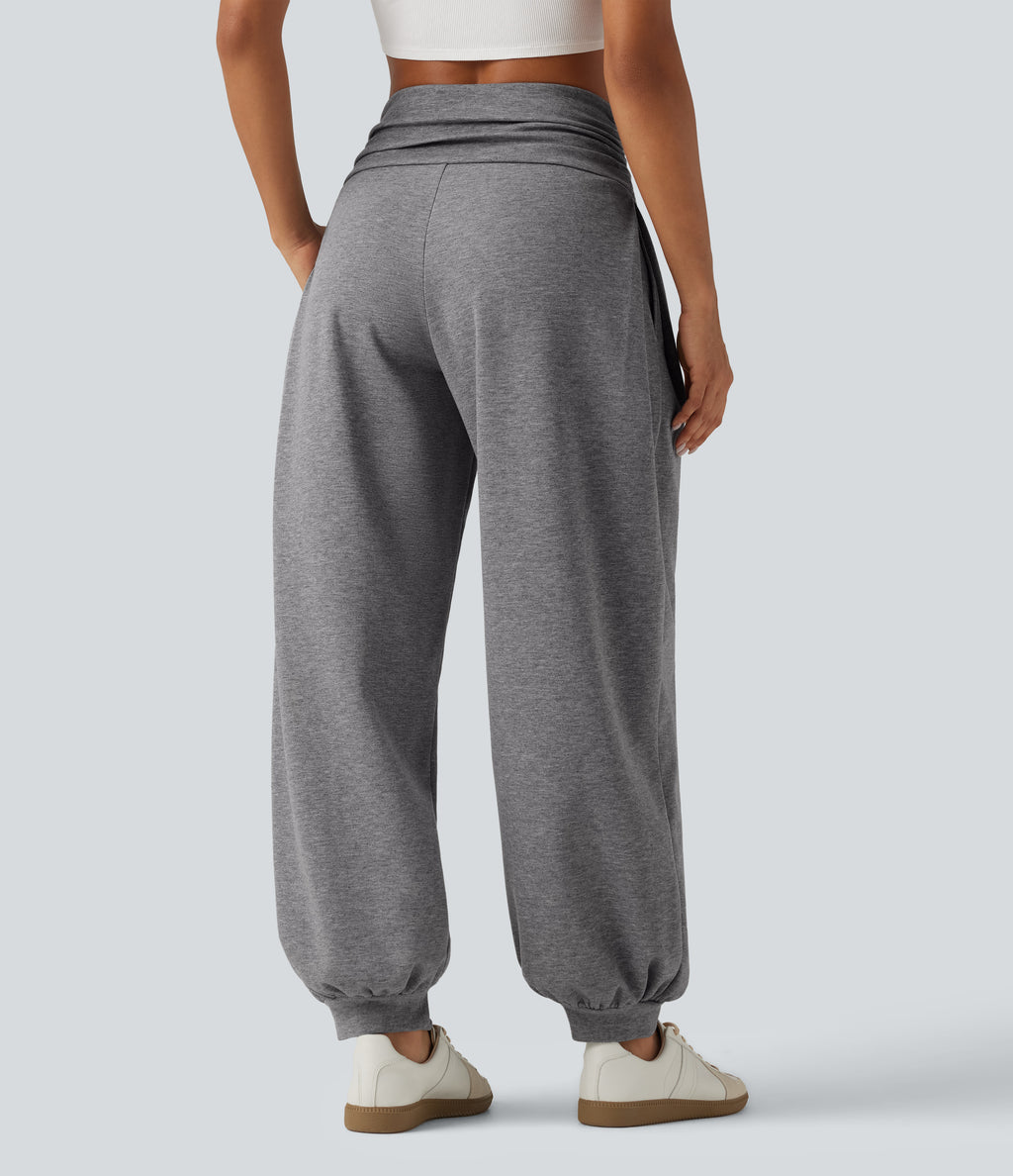 High Waisted Ruched Balloon Casual Joggers with Pockets — Mottled Grey — view 2