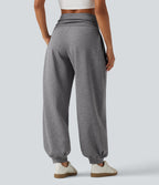 High Waisted Ruched Balloon Casual Joggers with Pockets — Mottled Grey — view 2