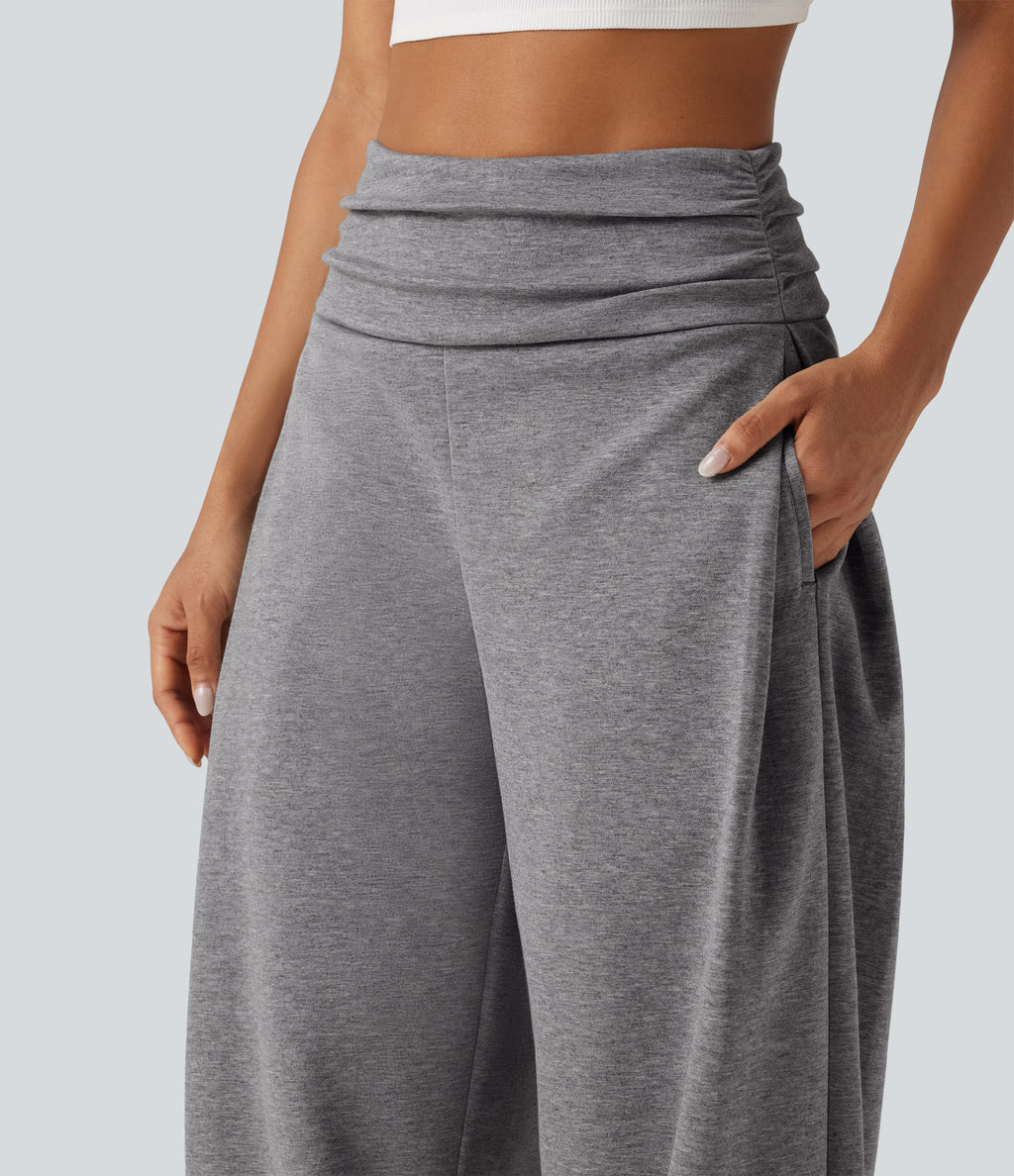 High Waisted Ruched Balloon Casual Joggers with Pockets — Mottled Grey — view 4