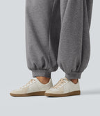 High Waisted Ruched Balloon Casual Joggers with Pockets — Mottled Grey — view 7