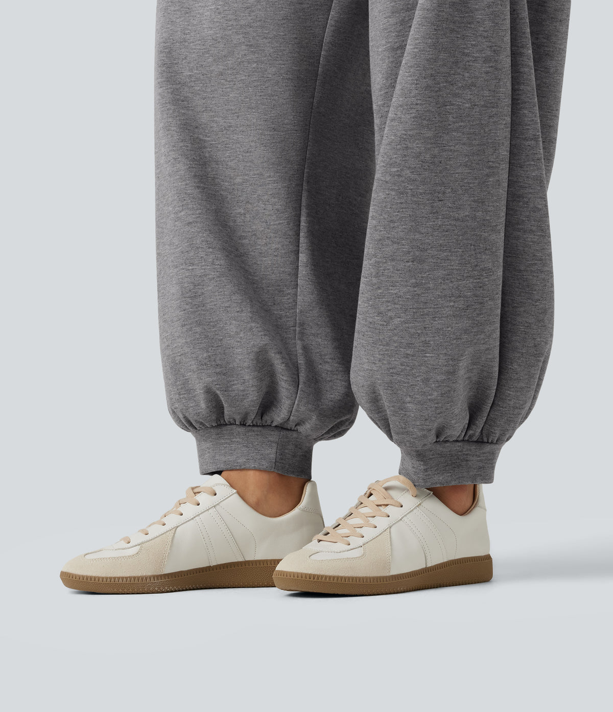 High Waisted Ruched Balloon Casual Joggers with Pockets — Mottled Grey — view 7