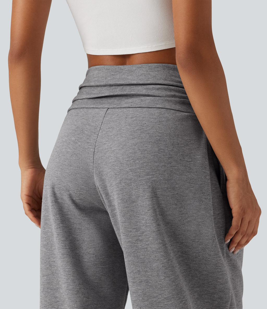 High Waisted Ruched Balloon Casual Joggers with Pockets — Mottled Grey — view 5
