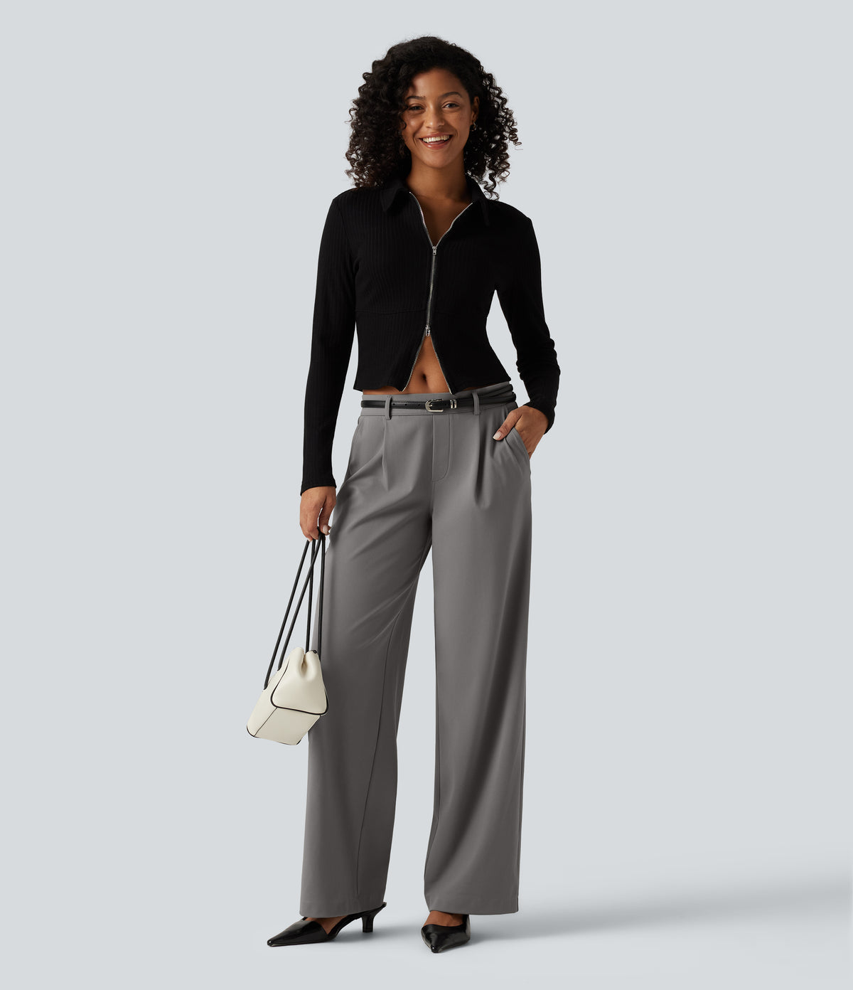 Low Rise Straight Leg Work Trousers with Pockets — Silent Storm — view 7