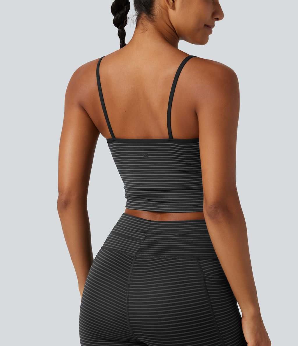 U Neck Built-in Bra Stripe Cropped Yoga Tank Top — Steel Stripe — view 5