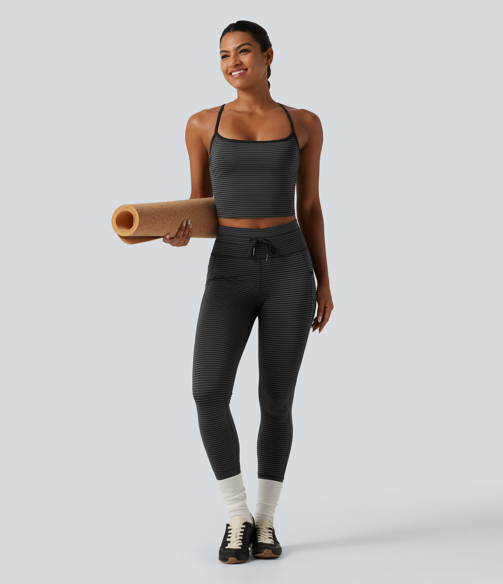 U Neck Built-in Bra Stripe Cropped Yoga Tank Top — Steel Stripe — view 8