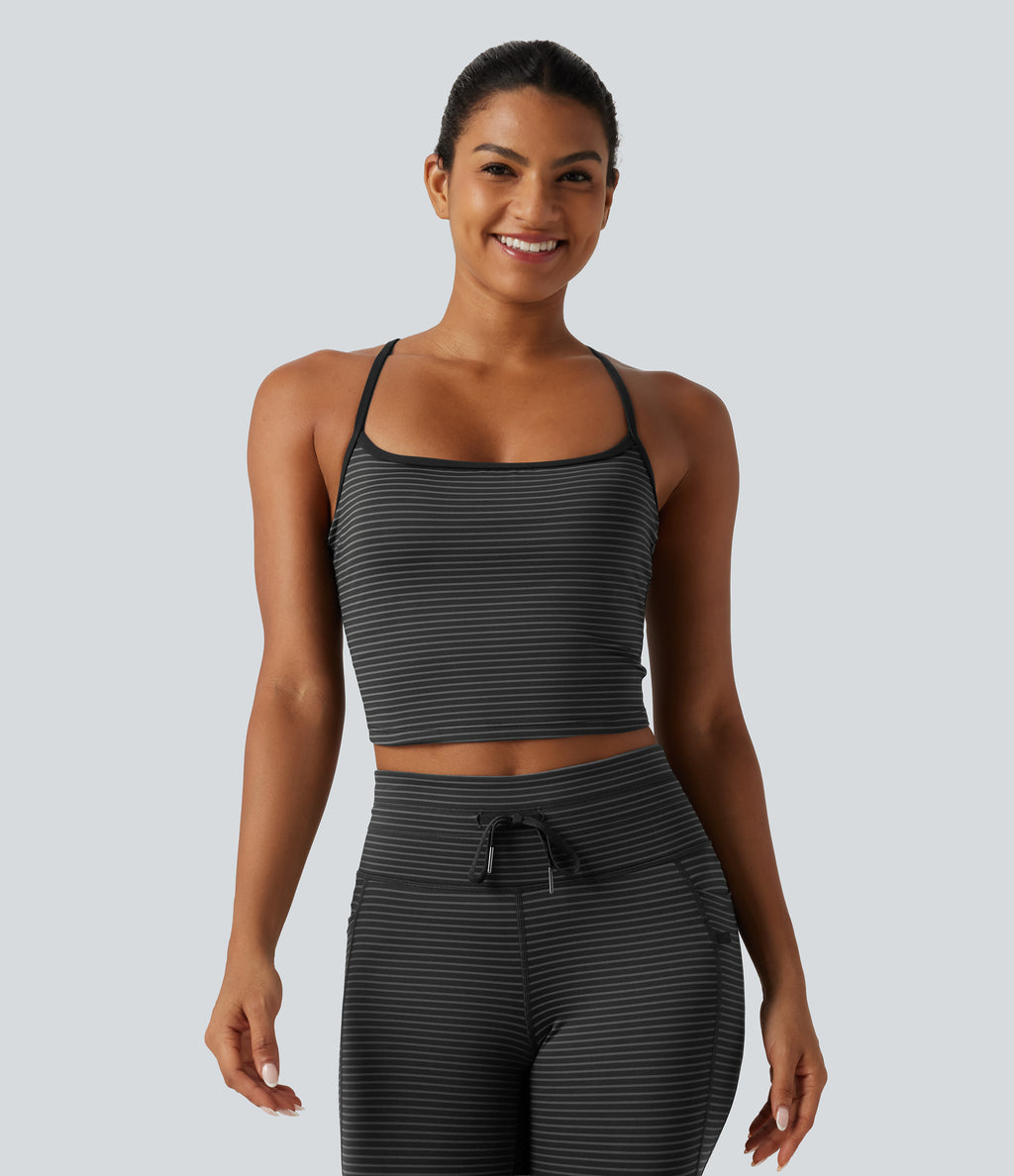 U Neck Built-in Bra Stripe Cropped Yoga Tank Top — Steel Stripe — view 3