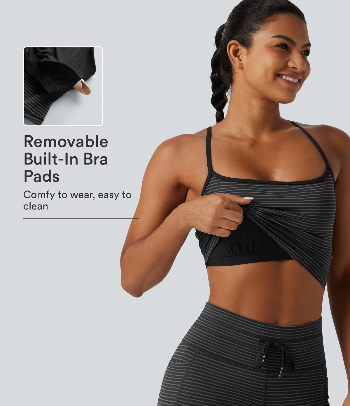 U Neck Built-in Bra Stripe Cropped Yoga Tank Top — Steel Stripe — view 1
