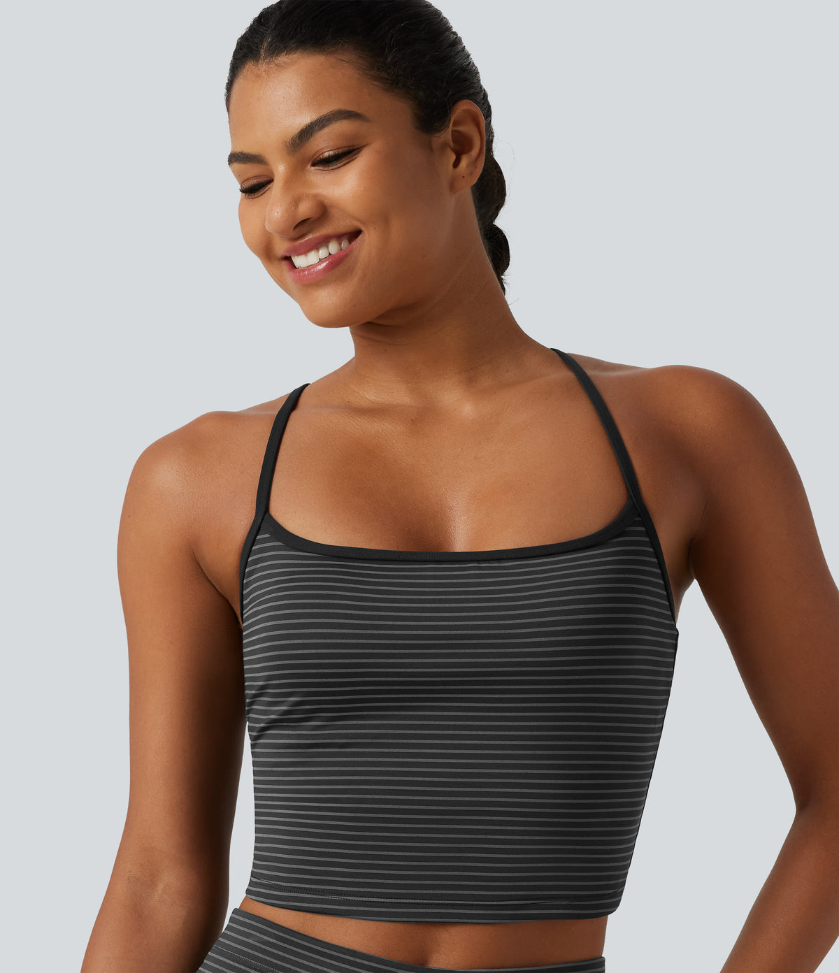 U Neck Built-in Bra Stripe Cropped Yoga Tank Top — Steel Stripe — view 6