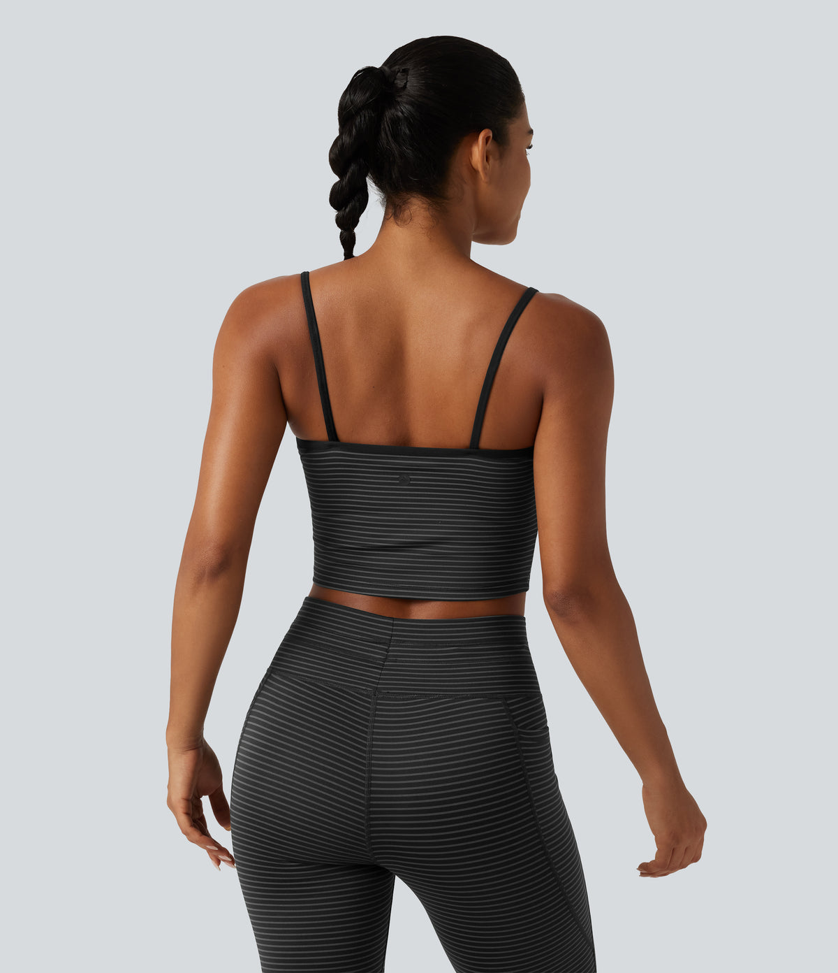 U Neck Built-in Bra Stripe Cropped Yoga Tank Top — Steel Stripe — view 2