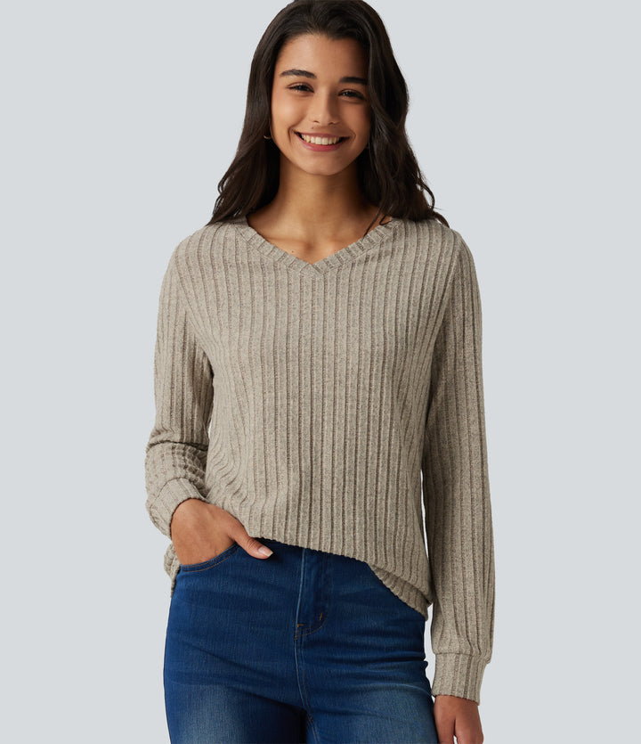 Ribbed Knit V Neck Long Sleeve Casual T-Shirt — Warm Grey Floral Velvet — view 1