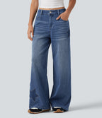 High Waisted Baggy Embroidery Casual Jeans with Pockets — Tide Blue Denim — view 1